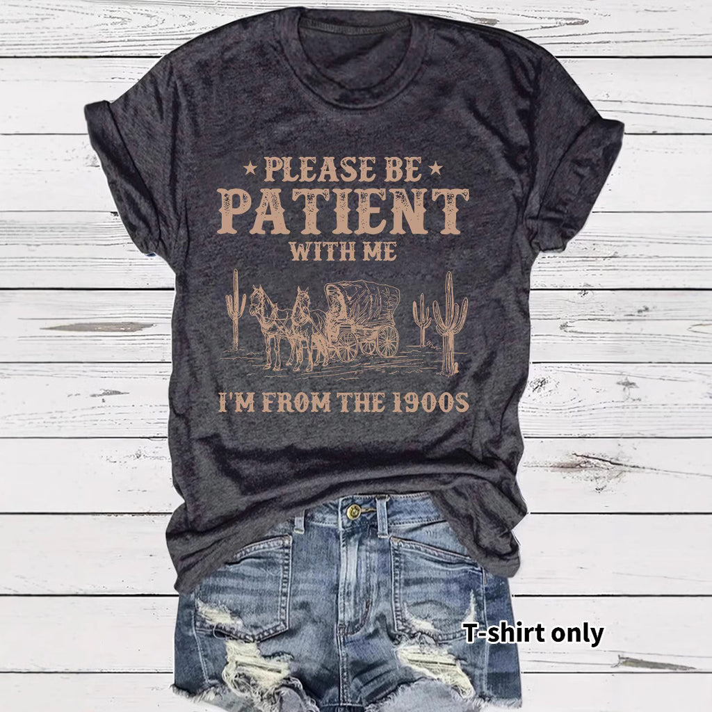 Western denim pattern round neck short sleeved shirt
