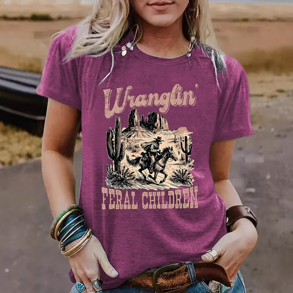 Western denim pattern round neck short sleeved shirt