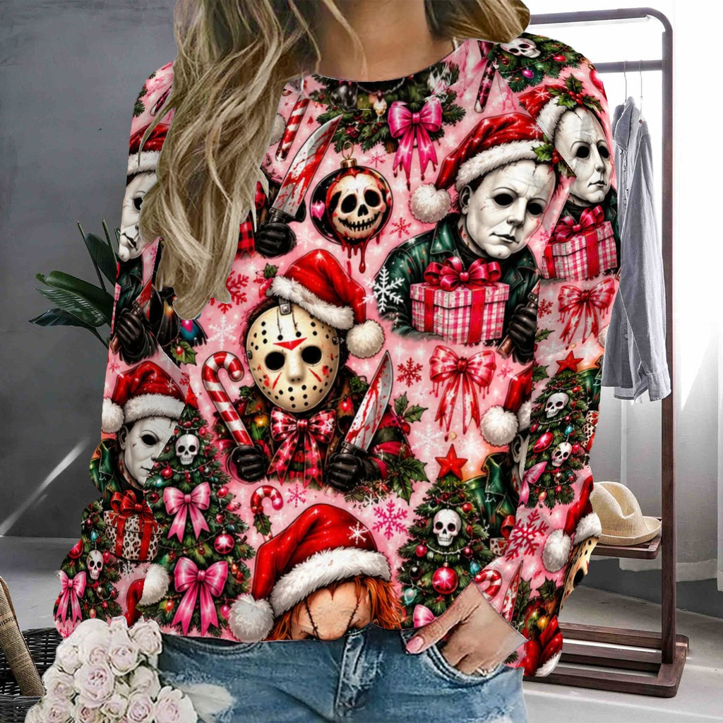 Raglan Crewneck Sweatshirts Women Festive Chibi Horror Christmas Pattern