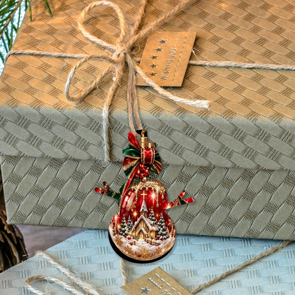 Wood Christmas Ornaments Snowman Shape Set of 4 Festive Snow Globe Ornament with Church