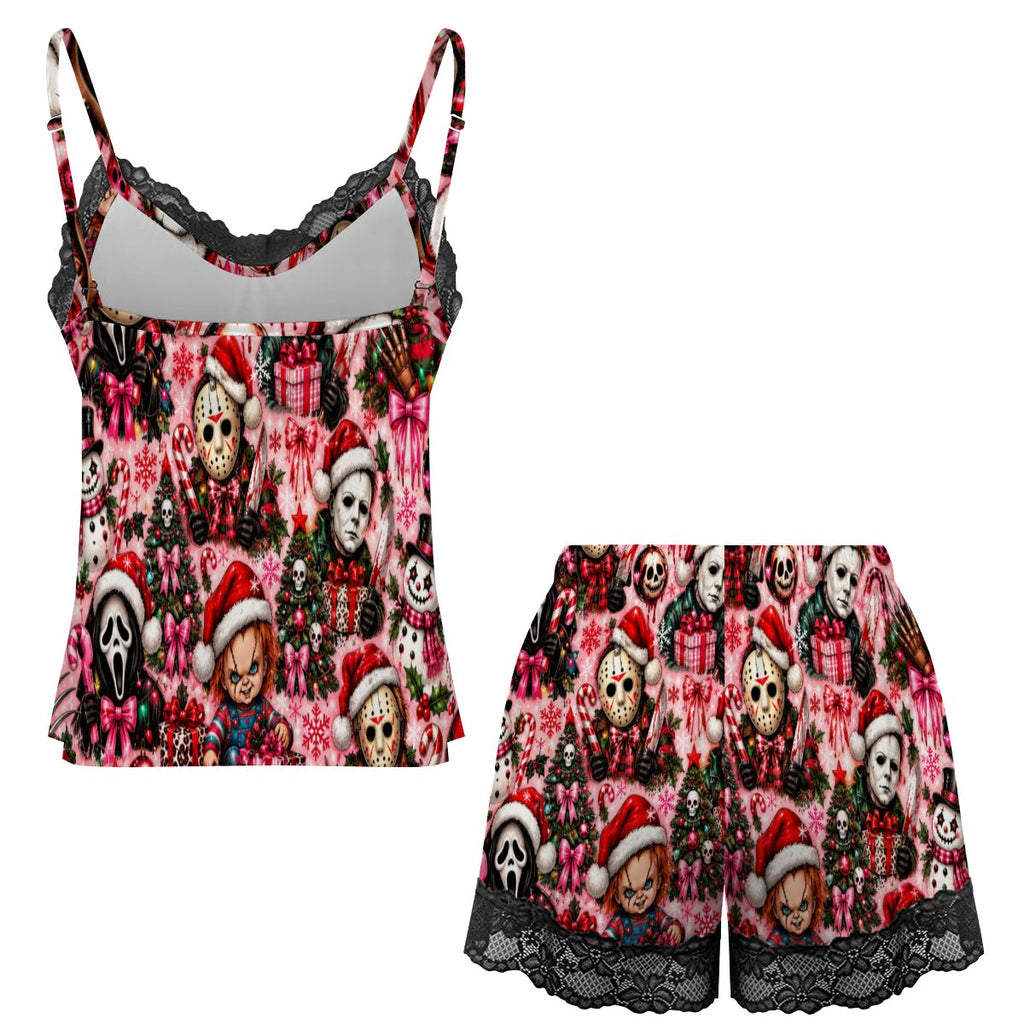 Women Cami Lace Pajama Set Festive Chibi Horror Christmas Pattern