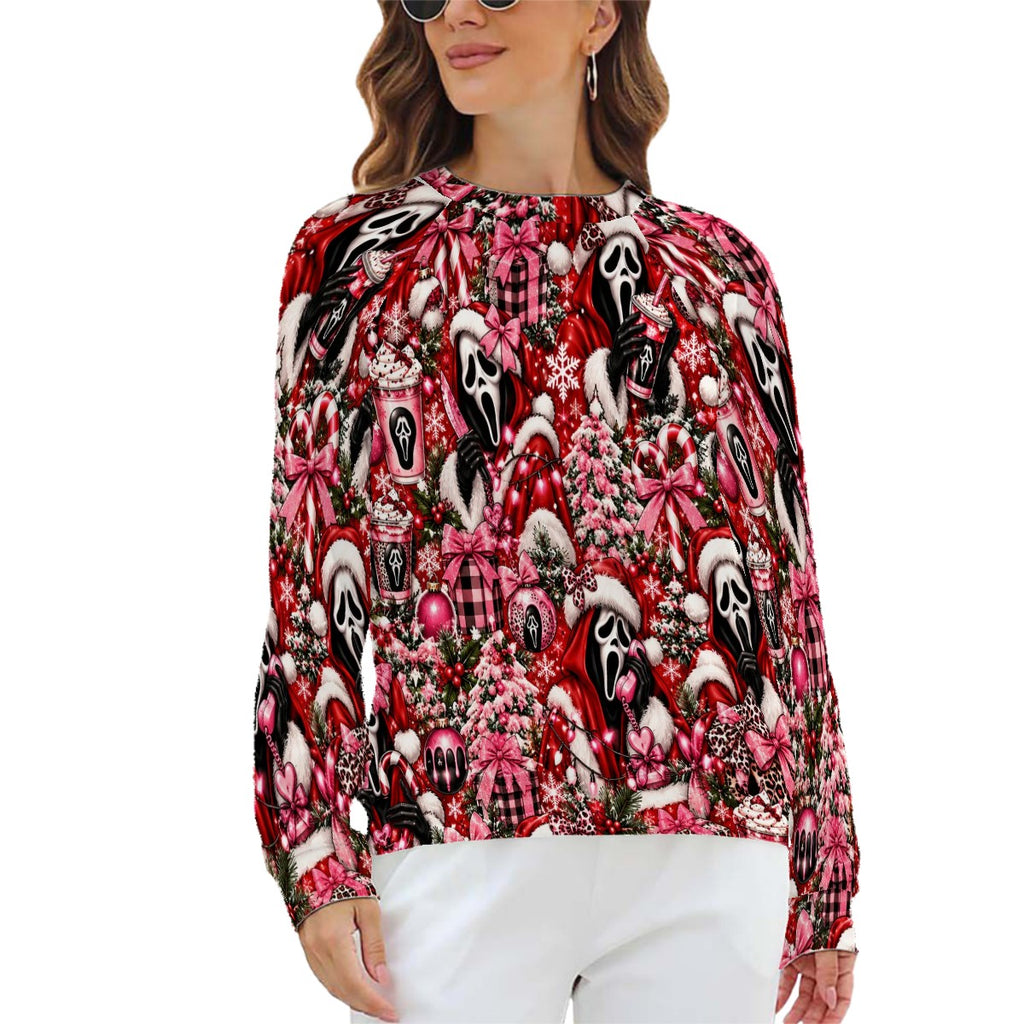 Raglan Crewneck Sweatshirts Women Festive Ghostface Christmas Pattern