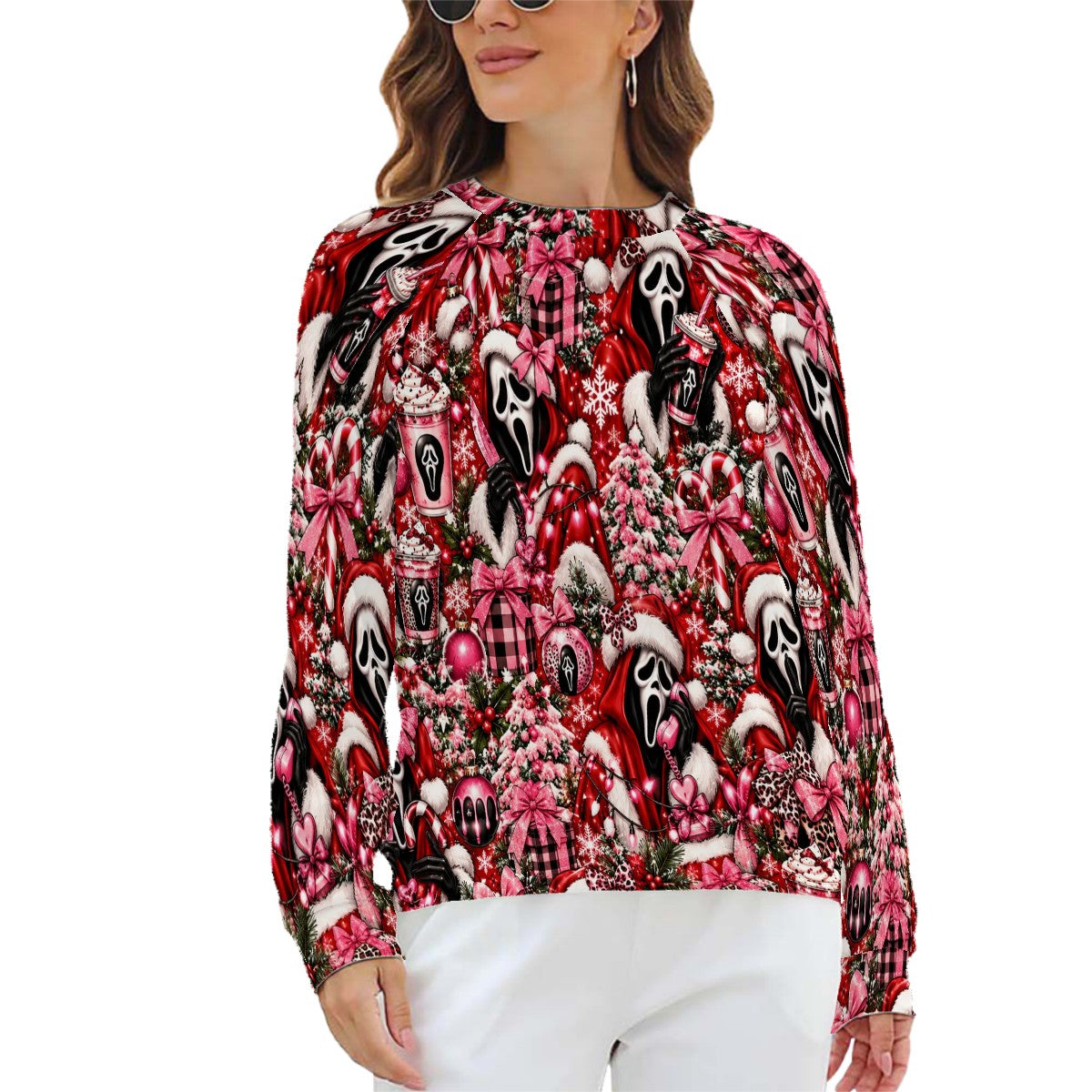Raglan Crewneck Sweatshirts Women Festive Ghostface Christmas Pattern