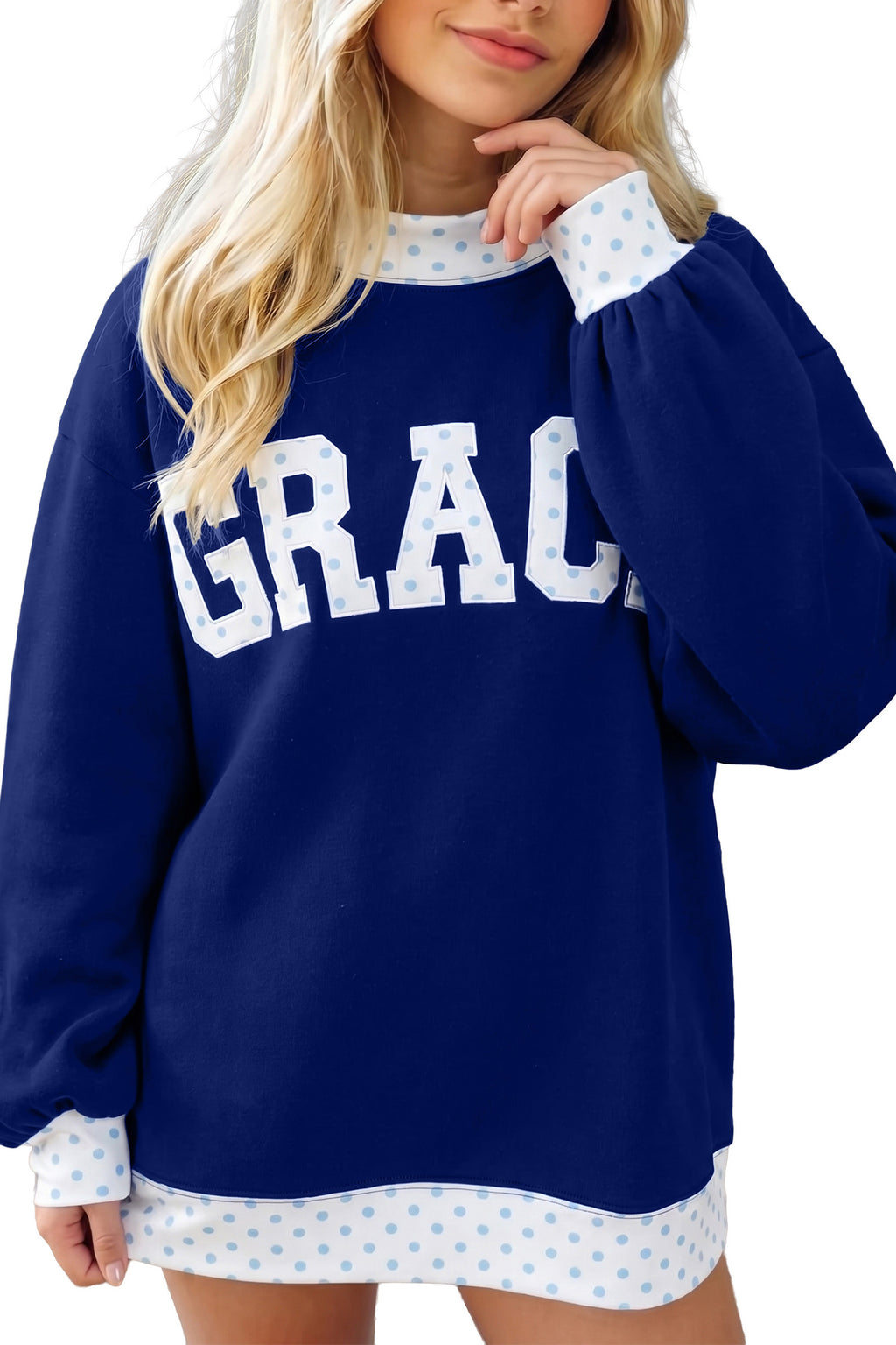 Dirty blue Polka Dot Trim High Neck GRACE Letter Graphic Baggy Sweatshirt