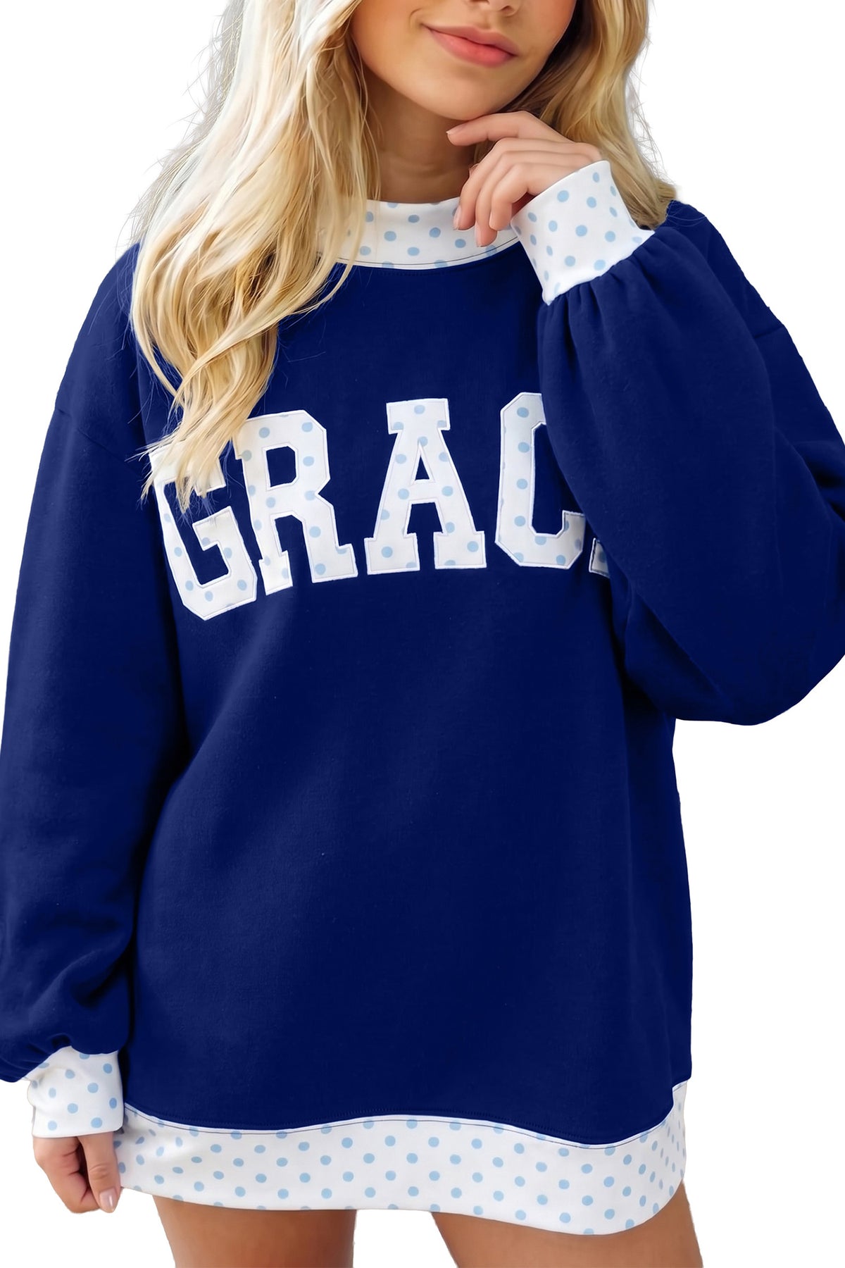 Dirty blue Polka Dot Trim High Neck GRACE Letter Graphic Baggy Sweatshirt