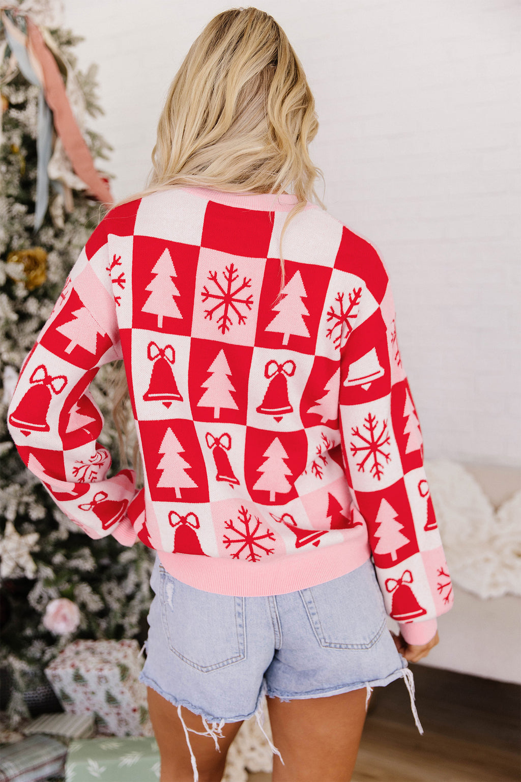 Pink Christmas Plaid Pullover Round Neck Long Sleeve Casual Fit Tunic Knitwear Sweater