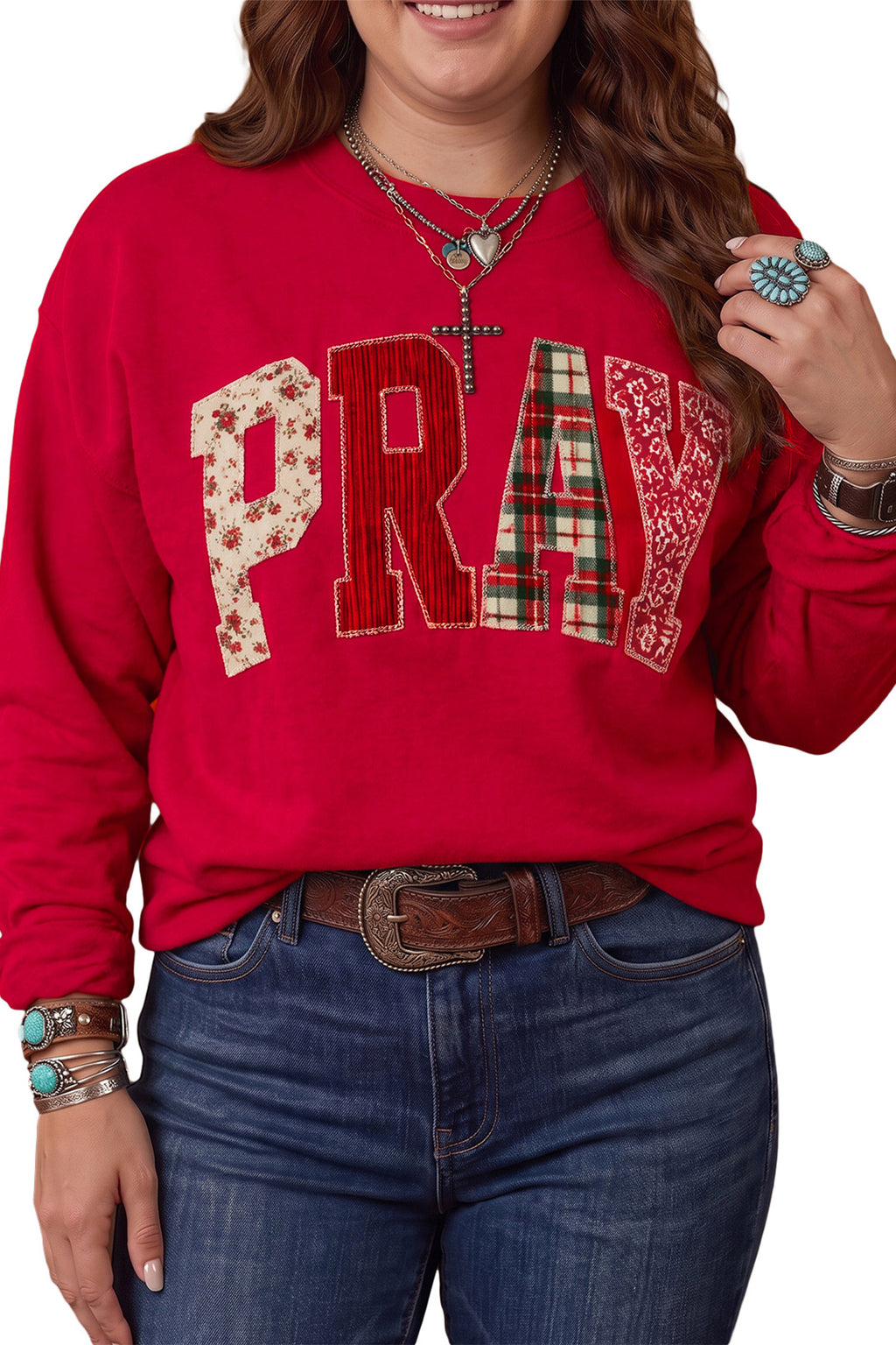 Coffee PRAY Letter Patchwork Round Neck Long Sleeve Plus Size Sweatshirt