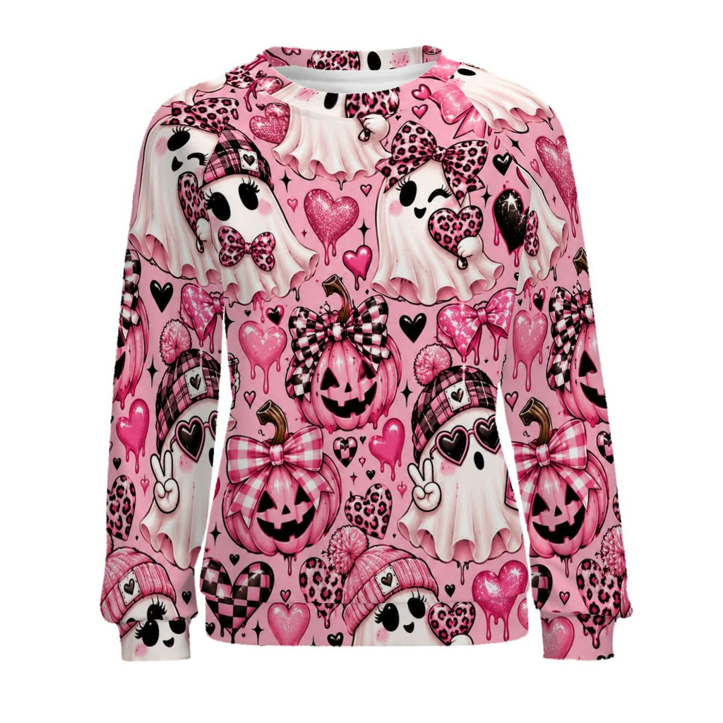 Raglan Crewneck Sweatshirts Women Kawaii Pink Ghosts Halloween Pattern (2)