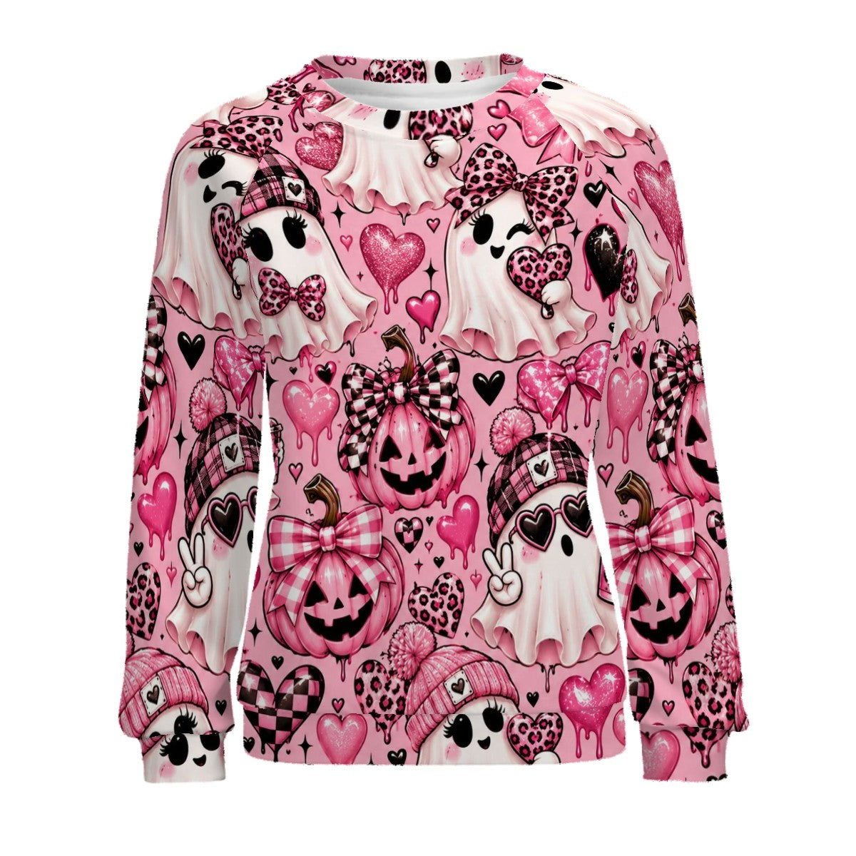Raglan Crewneck Sweatshirts Women Kawaii Pink Ghosts Halloween Pattern (2)