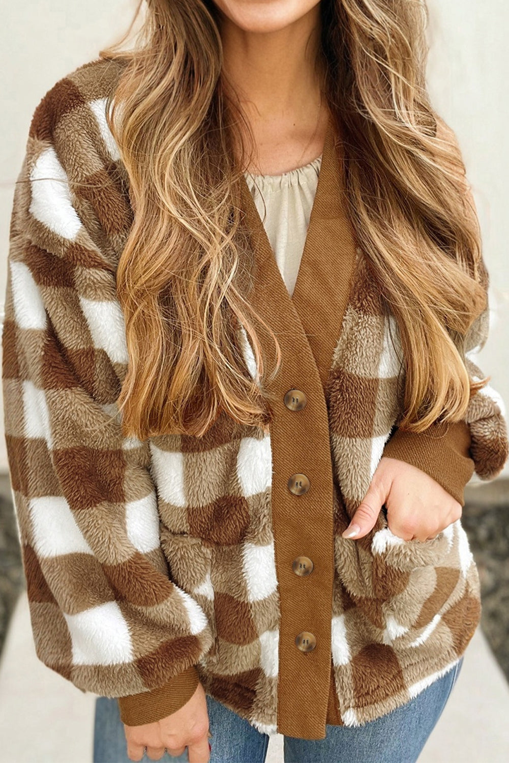 Brown Checkered Sherpa Loose Knit Cardigan with Pockets