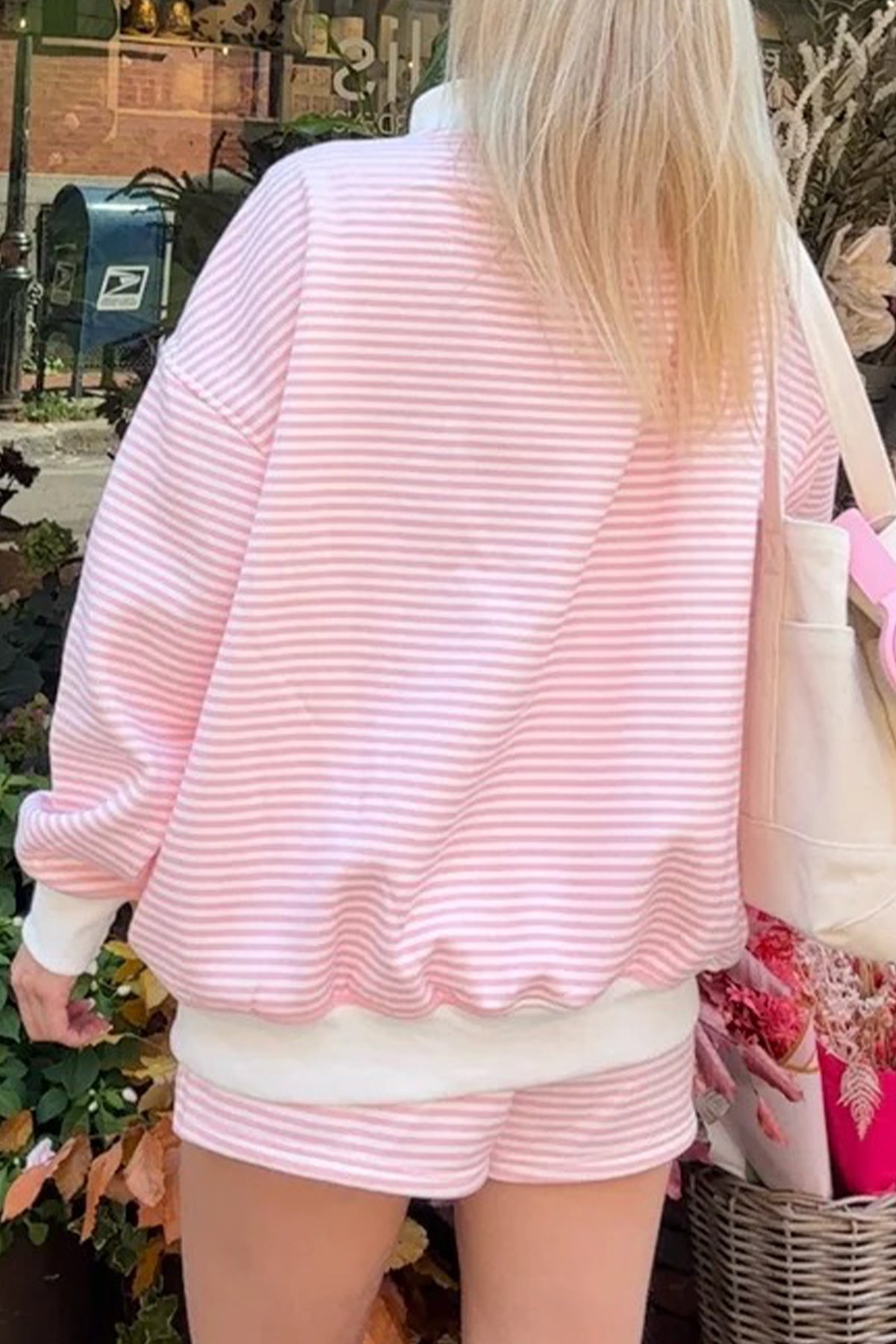 Pink Stripe Oversize Mock Neck Sweatshirt and Shorts Set