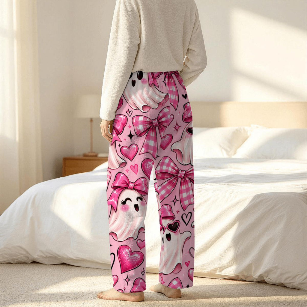 Women's Plush Fleece Pajama Pants Kawaii Ghosts, Bows and Hearts Pattern
