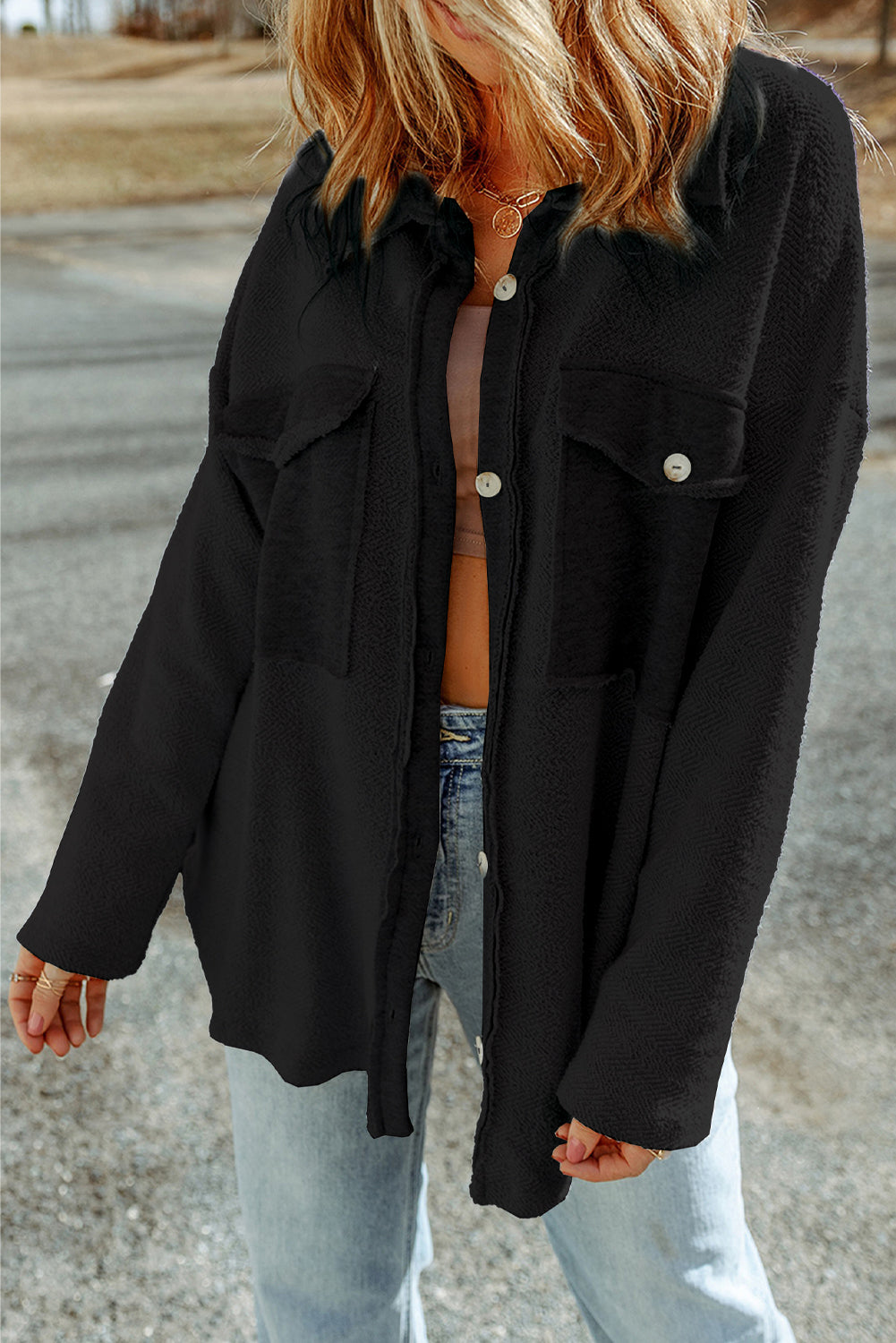 Brown Contrast Flap Pockets Relaxed Shacket