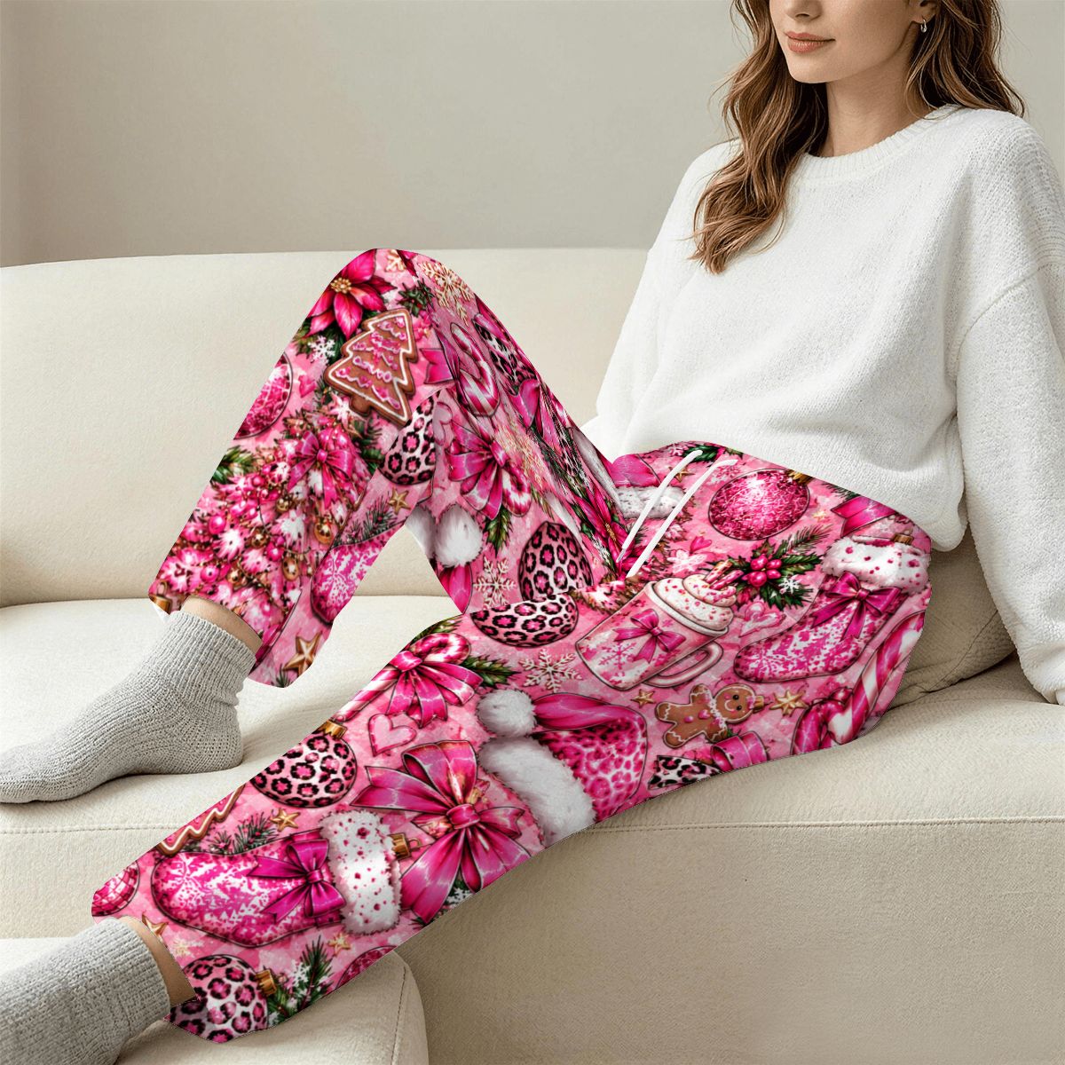 Women's Plush Fleece Pajama Pants teal smiley face pink girly xmas