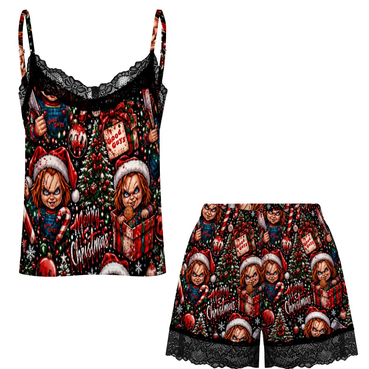 Women Cami Lace Pajama Set Chucky’s Bloody Christmas Pattern