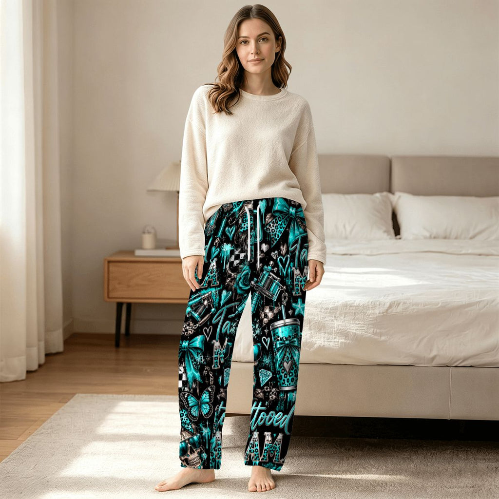 Women's Plush Fleece Pajama Pants teal tatted mama