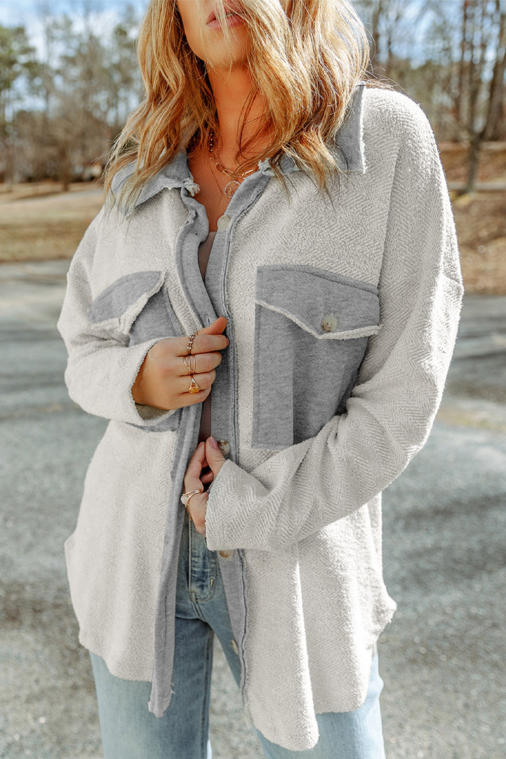 Brown Contrast Flap Pockets Relaxed Shacket