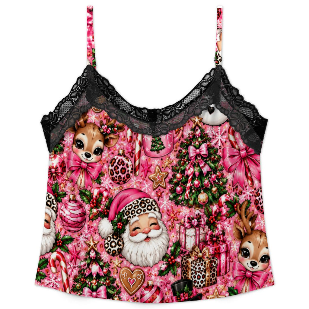 Women Cami Lace Pajama Set Glamorous Pink Christmas Wonderland
