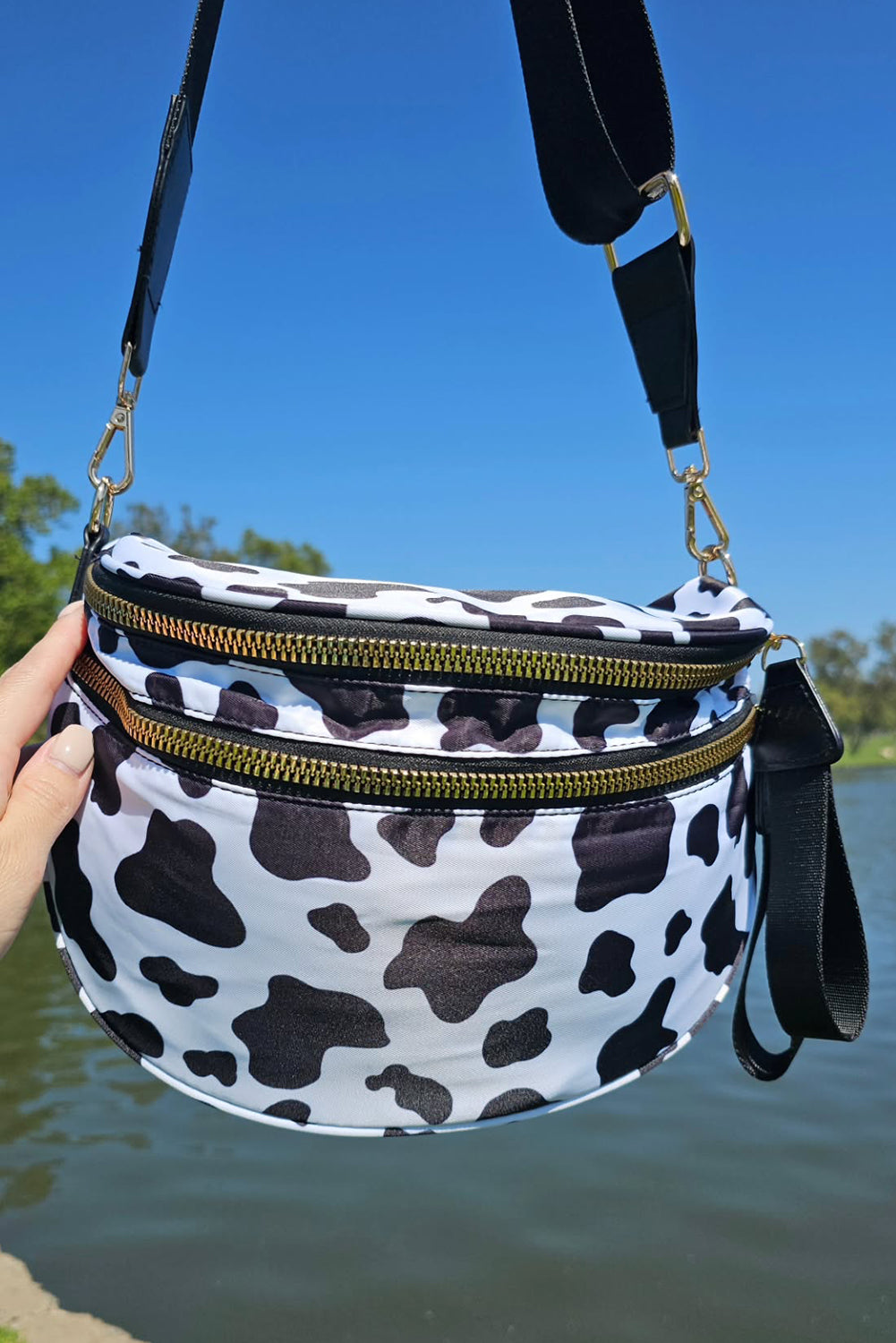 Mist Blue Checkered Print Wide Strap Large Crossbody Bag