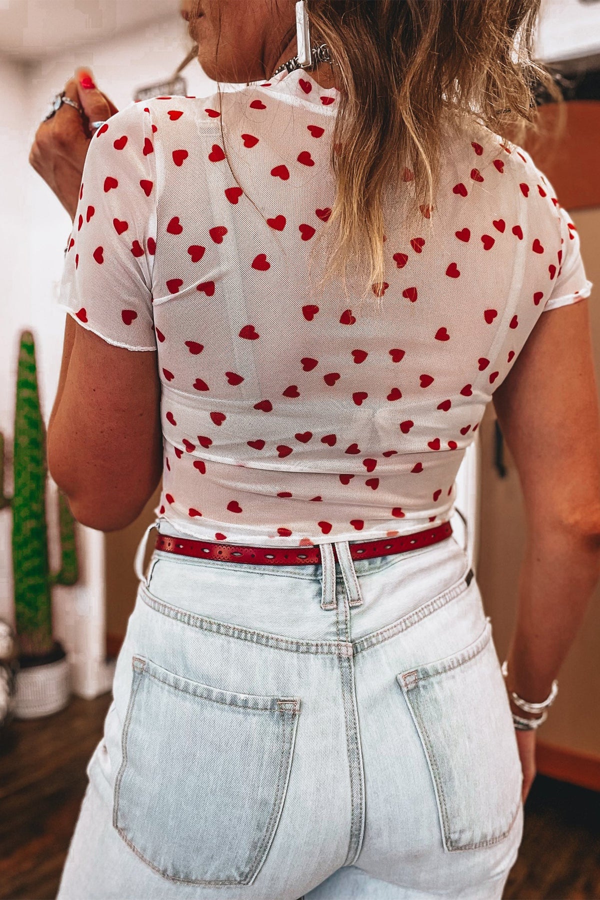 Pink Allover Heart Print Mesh Short Sleeve Top