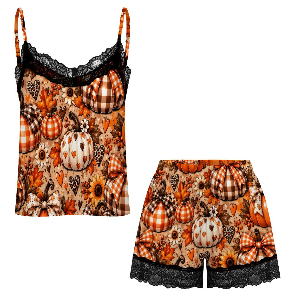 Women Cami Lace Pajama Set Glamorous Pink Christmas Wonderland Cozy Autumn Pumpkin Pattern
