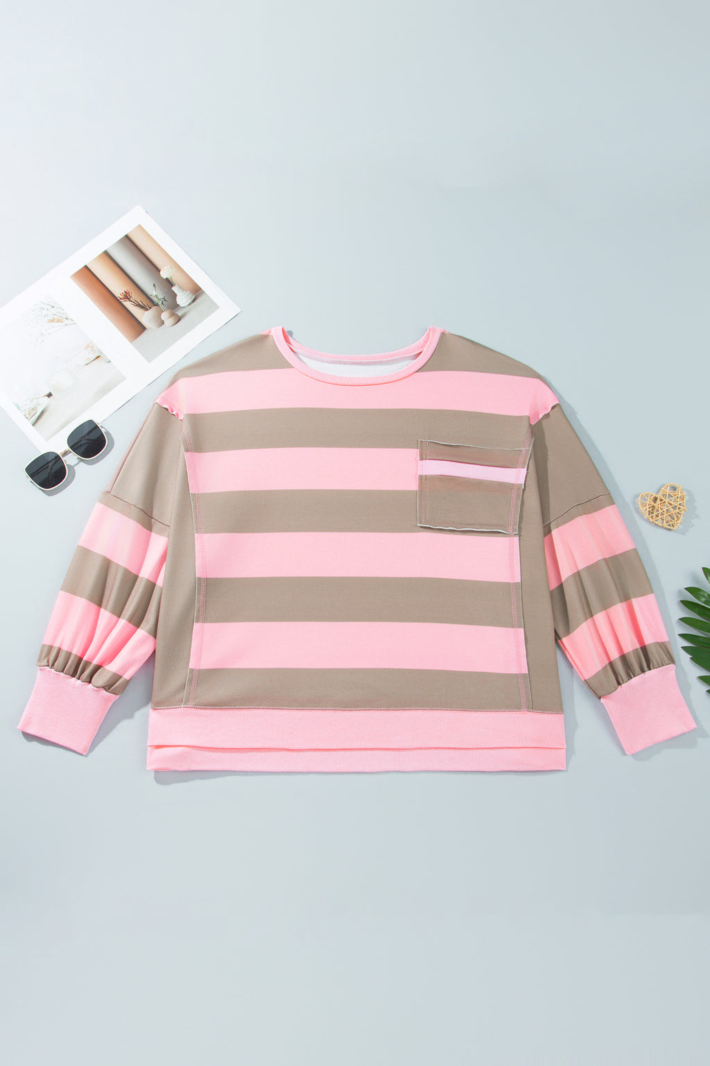 Pink Stripe Raw Seam Patchwork Drop Shoulder Plus Size Sweatshirt