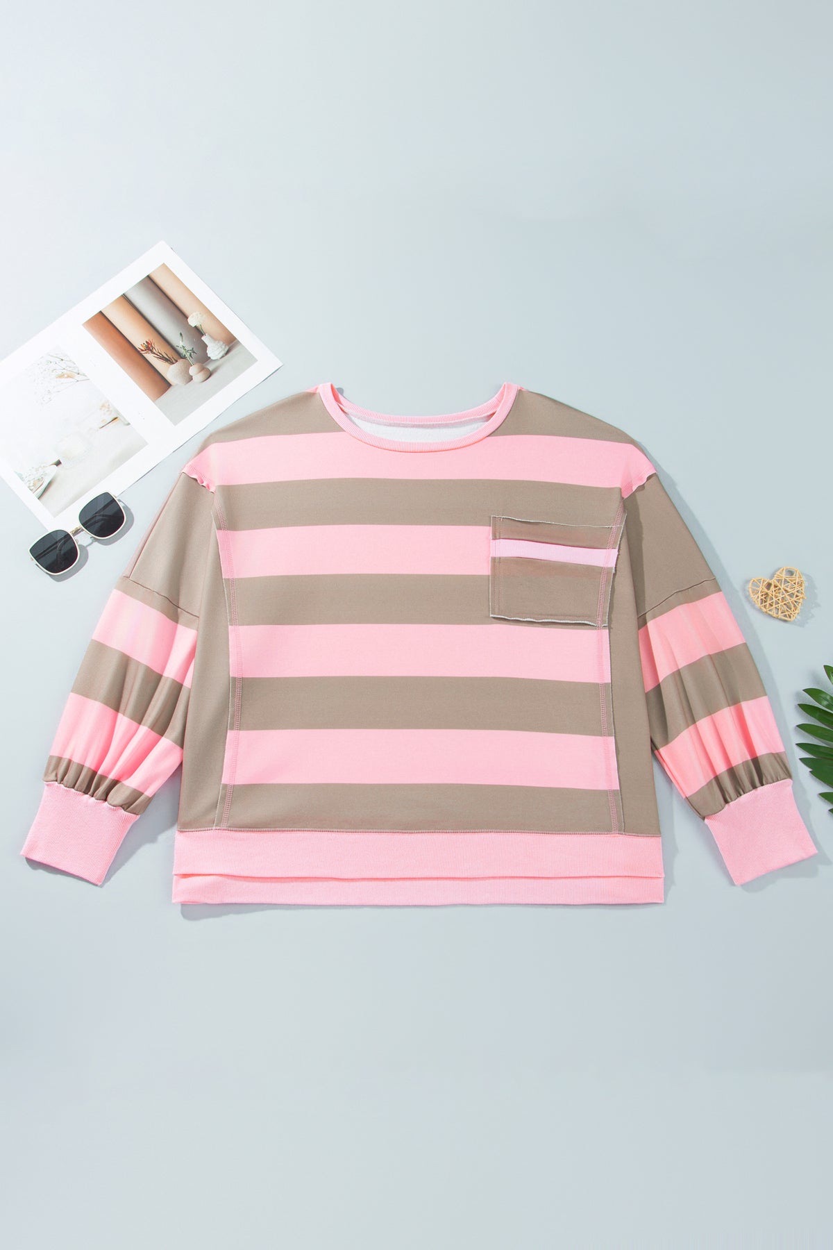 Pink Stripe Raw Seam Patchwork Drop Shoulder Plus Size Sweatshirt