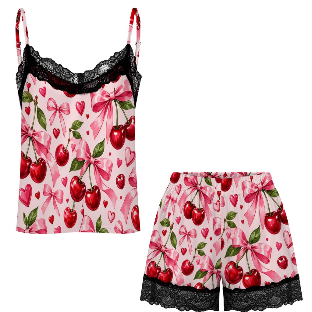 Women Cami Lace Pajama Set Glossy Cherry and Bow Pattern