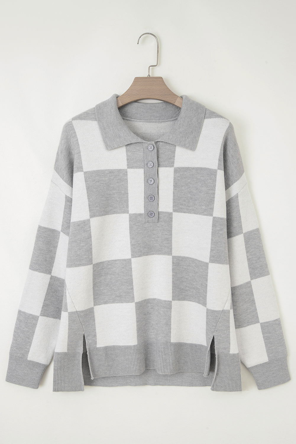 Gray Plus Size Checkered Pattern Button Polo Collar Split Sweater