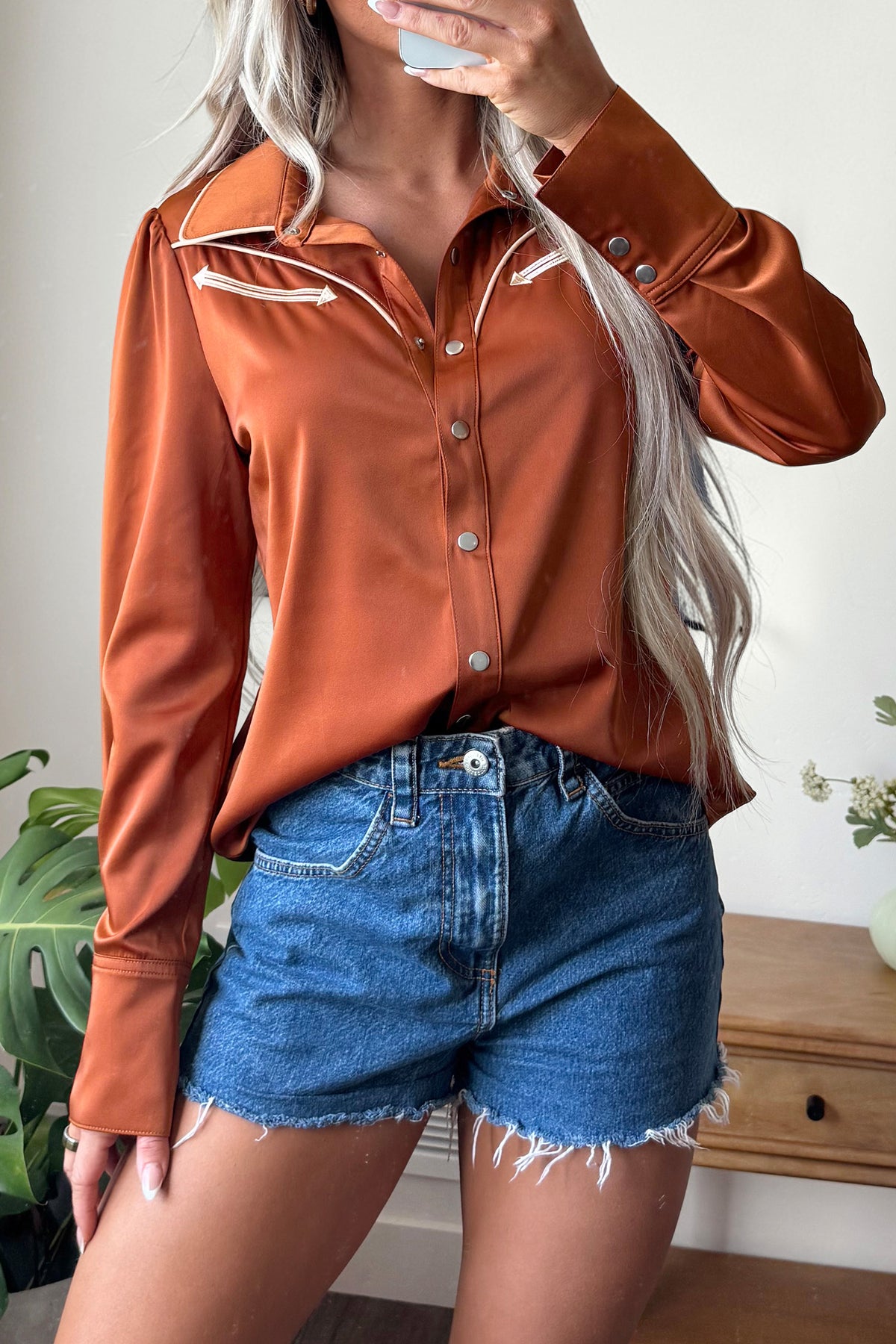 Cinnamon Silky Long Sleeve Button Front Western Fashion Shirt