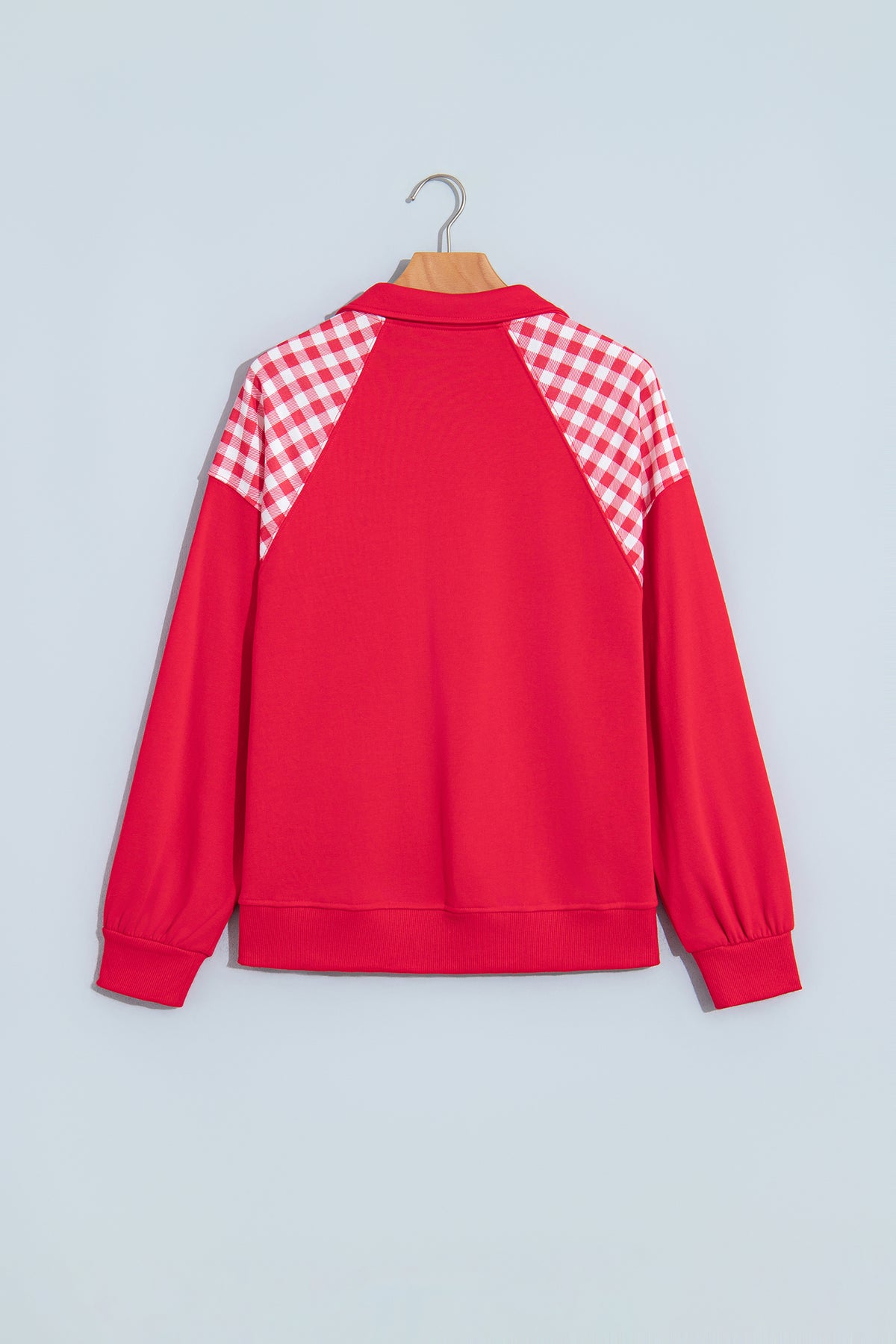 Coffee Patchwork Plaid Pocket Quarter Zip Sweatshirt