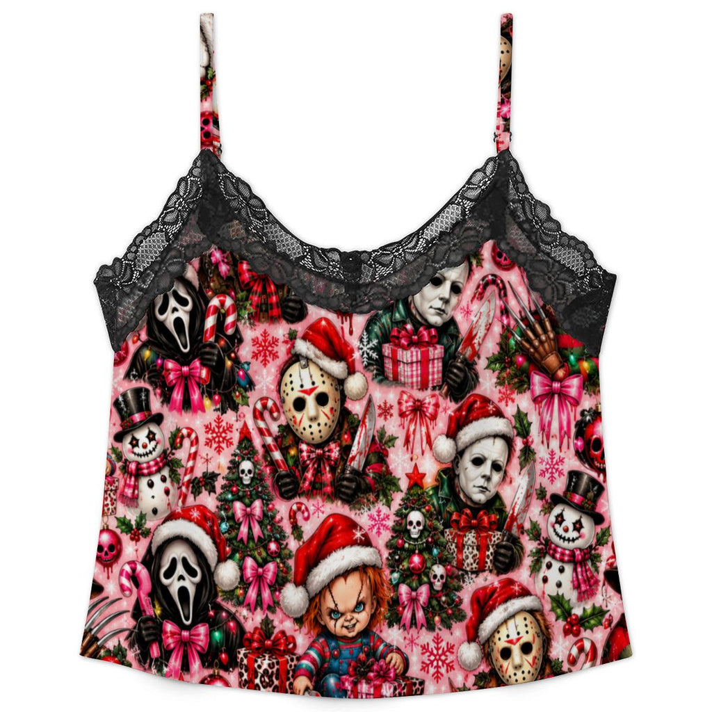 Women Cami Lace Pajama Set Festive Chibi Horror Christmas Pattern