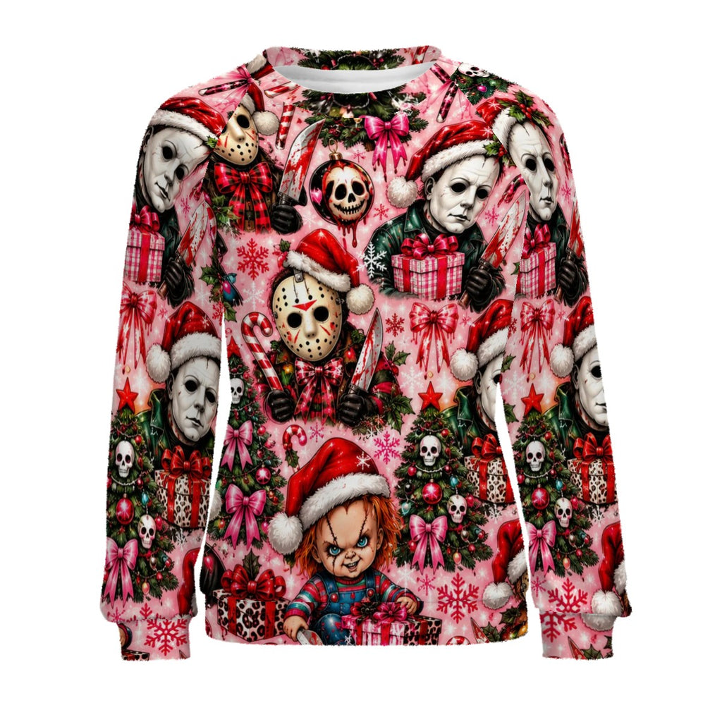 Raglan Crewneck Sweatshirts Women Festive Chibi Horror Christmas Pattern