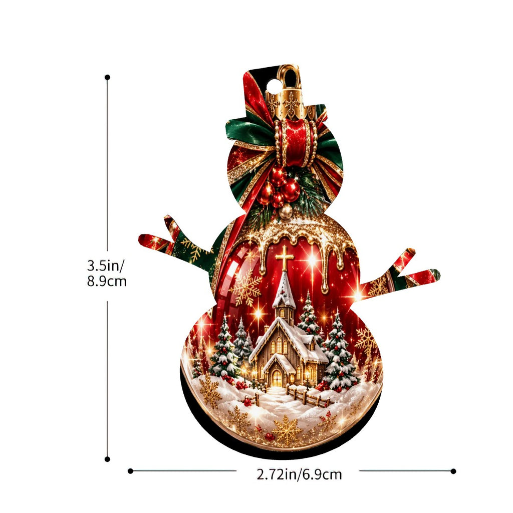 Wood Christmas Ornaments Snowman Shape Set of 4 Festive Snow Globe Ornament with Church