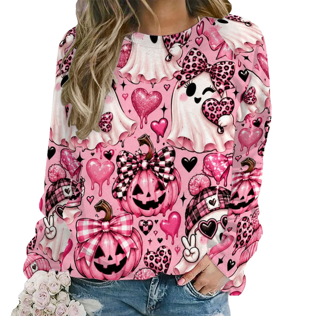 Raglan Crewneck Sweatshirts Women Kawaii Pink Ghosts Halloween Pattern (2)