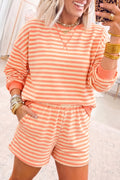 Coffee Drop Shoulder Long Sleeve Pullover Elastic Waist Casual Short Set