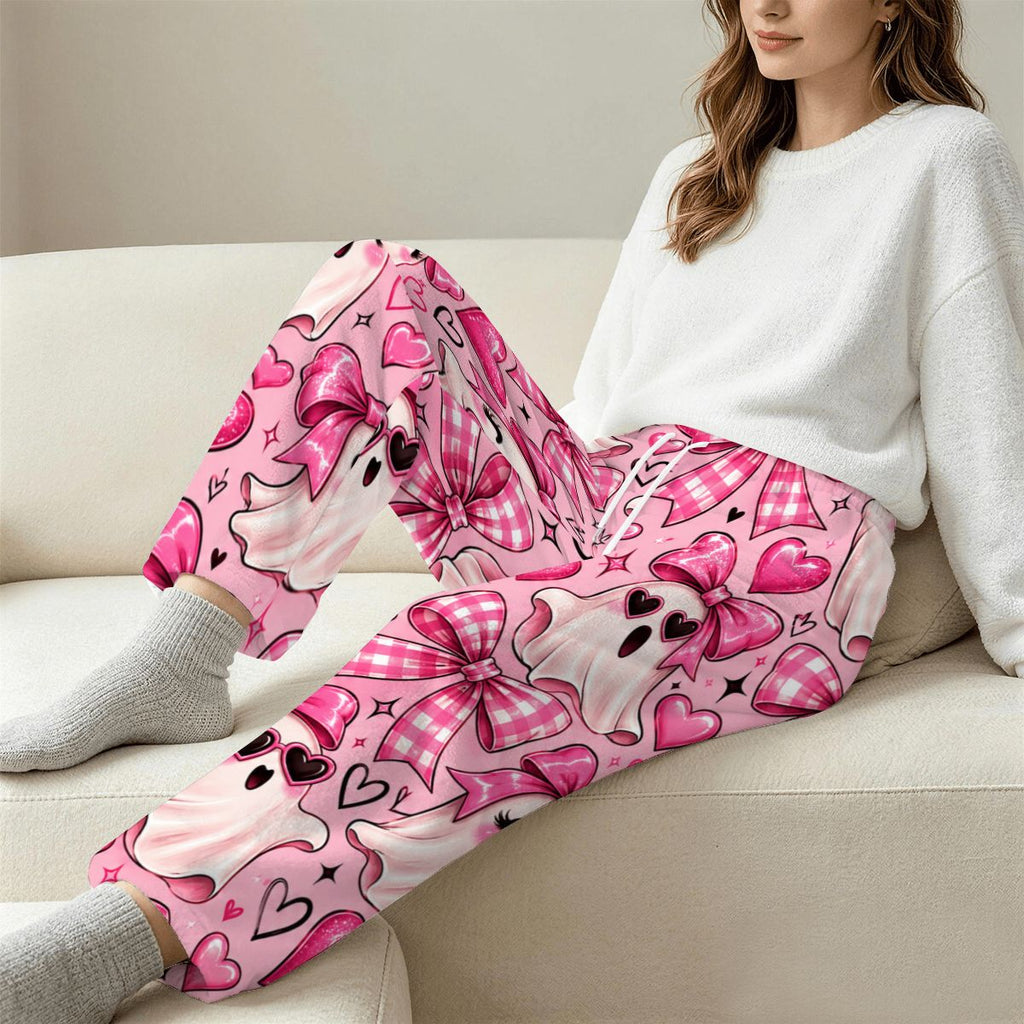 Women's Plush Fleece Pajama Pants Kawaii Ghosts, Bows and Hearts Pattern