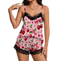 Women Cami Lace Pajama Set Glossy Cherry and Bow Pattern