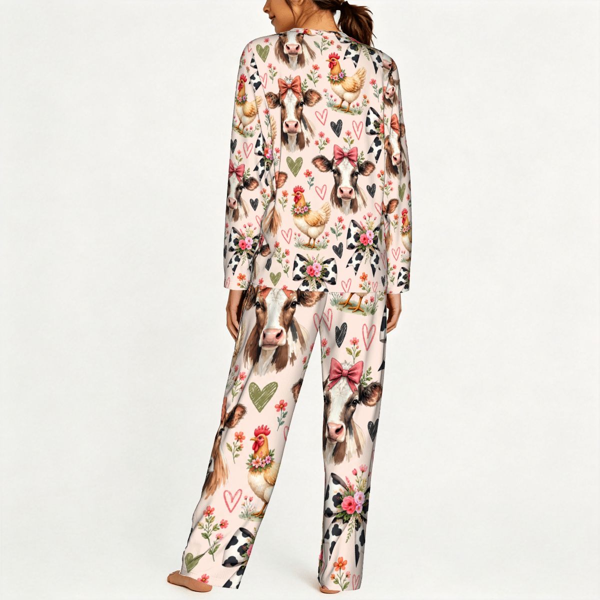 Women's Long Sleeve Pajama Set Whimsical Watercolor Farm Animal Pattern