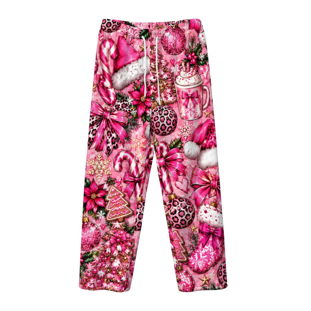 Women's Plush Fleece Pajama Pants teal smiley face pink girly xmas