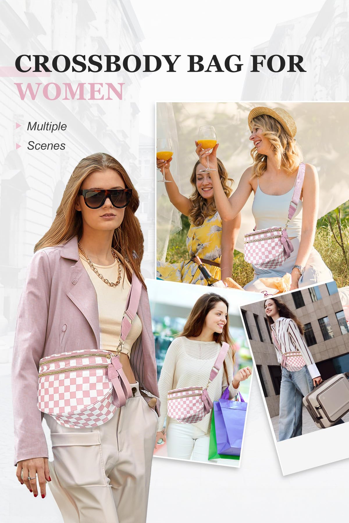 Mist Blue Checkered Print Wide Strap Large Crossbody Bag