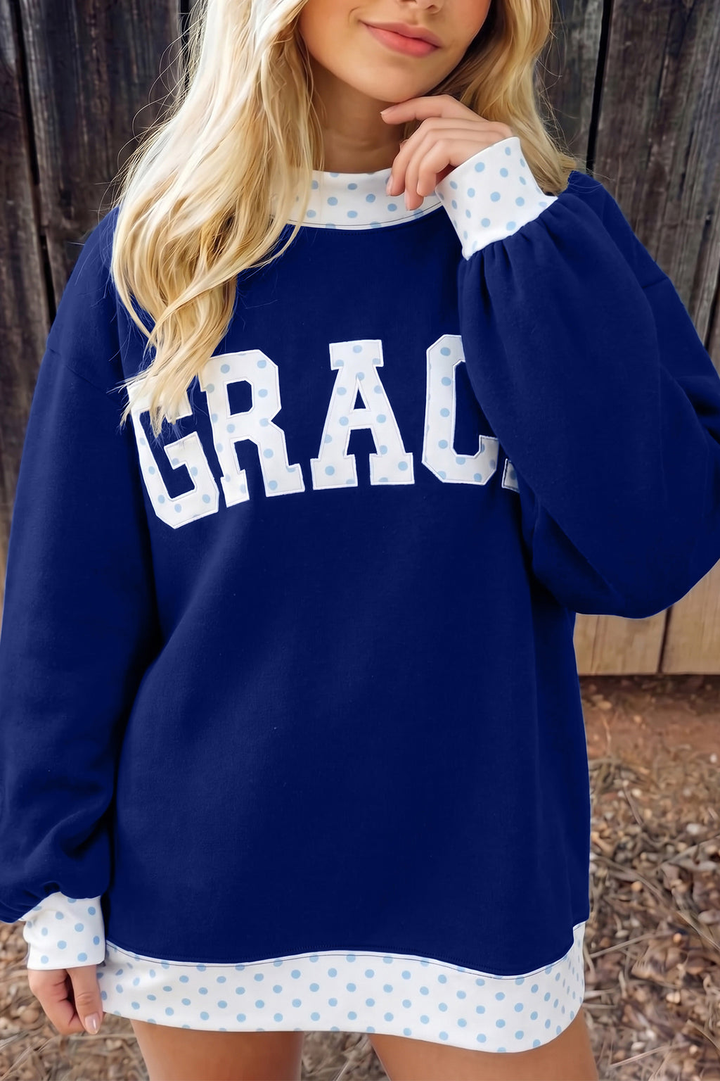 Dirty blue Polka Dot Trim High Neck GRACE Letter Graphic Baggy Sweatshirt