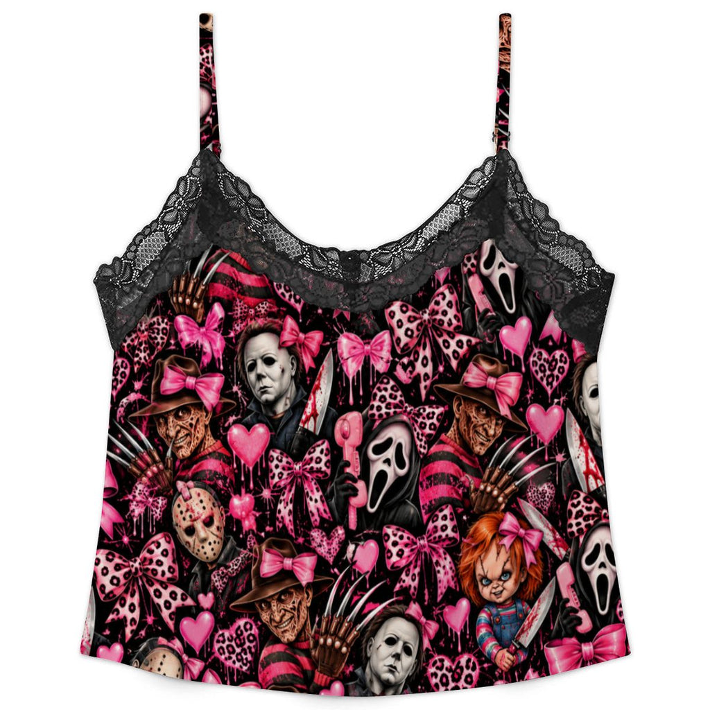 Women Cami Lace Pajama Set Cute Goth Horror Bow Pattern
