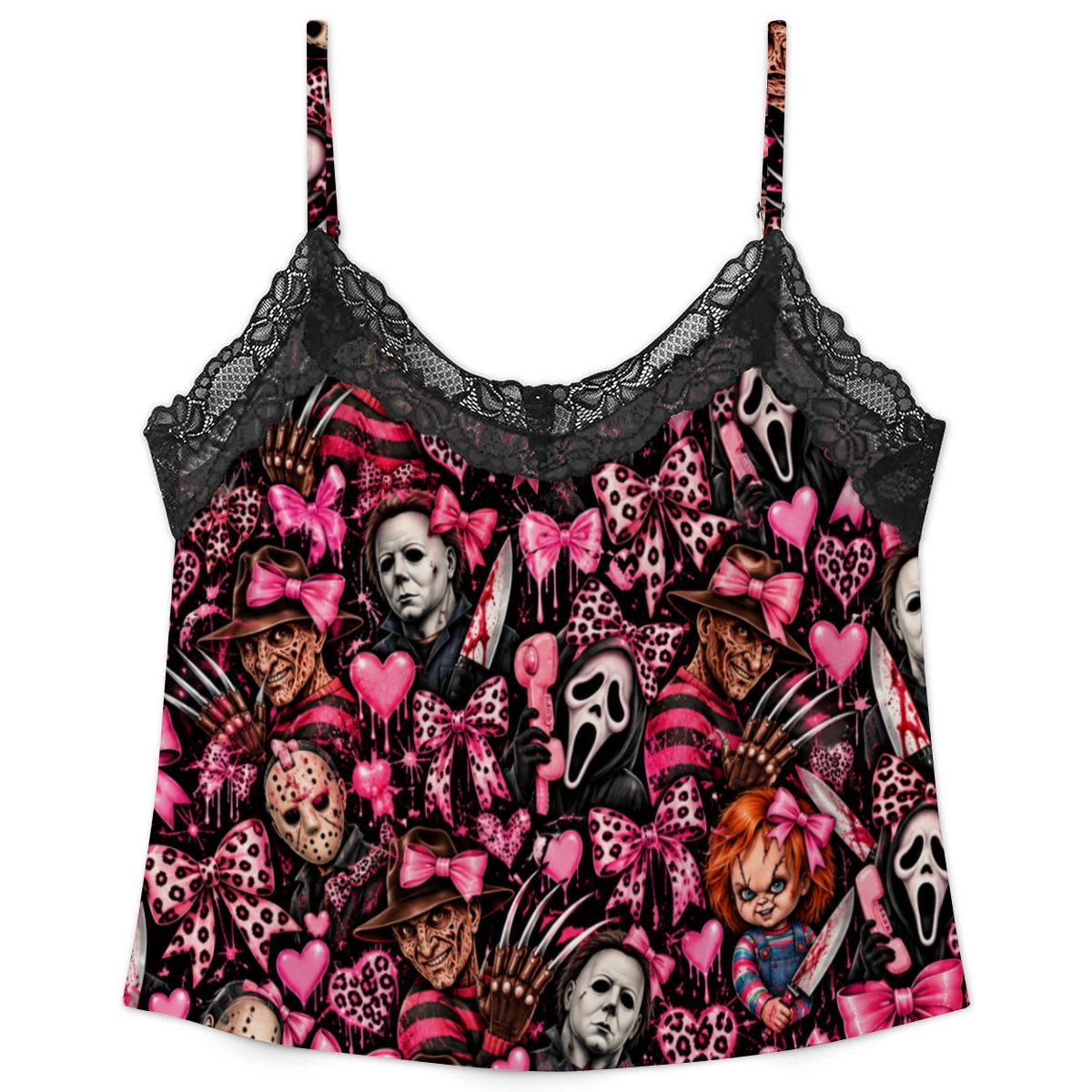 Women Cami Lace Pajama Set Cute Goth Horror Bow Pattern