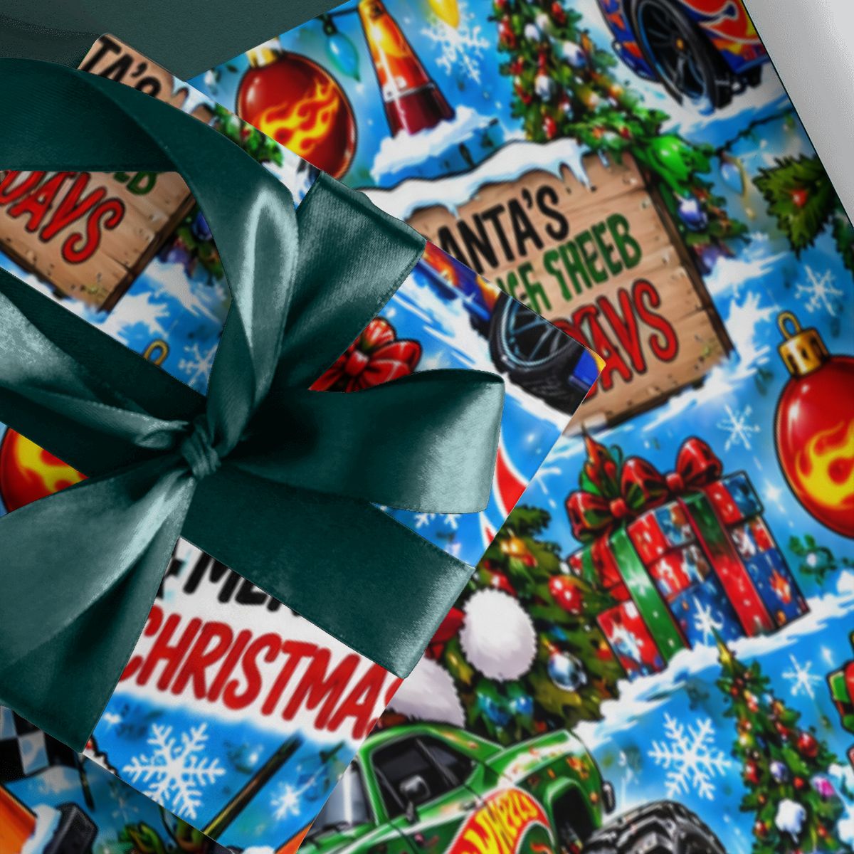 3Pack Gift Wrapping Paper Sheets hot wheels xmas