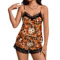 Women Cami Lace Pajama Set Glamorous Pink Christmas Wonderland Cozy Autumn Pumpkin Pattern