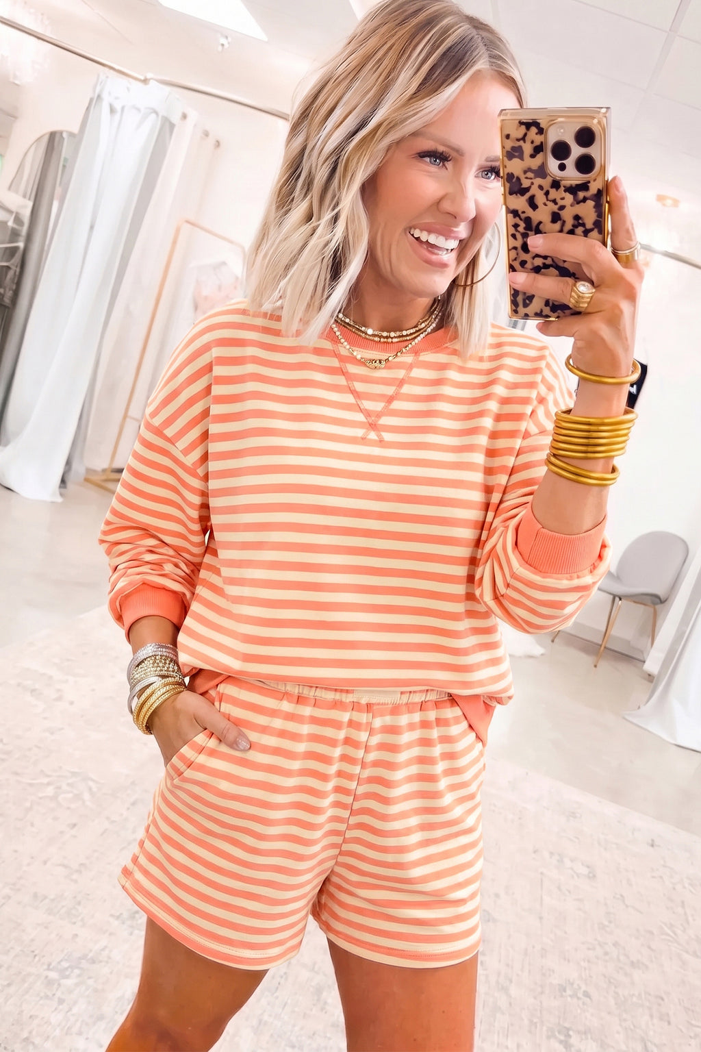 Coffee Drop Shoulder Long Sleeve Pullover Elastic Waist Casual Short Set