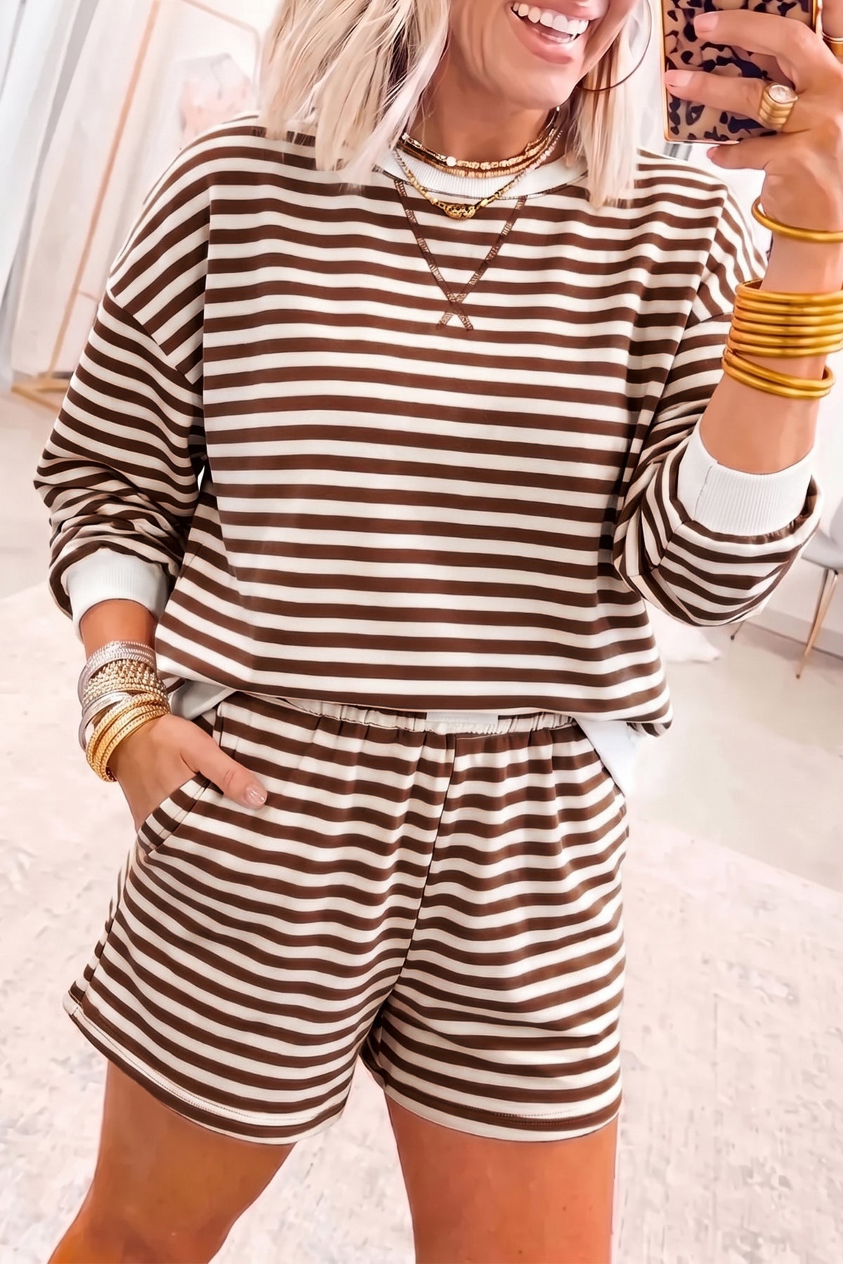 Coffee Drop Shoulder Long Sleeve Pullover Elastic Waist Casual Short Set