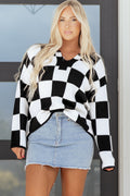 Black Checked Notched Neckline Drop Shoulder Knit Sweater