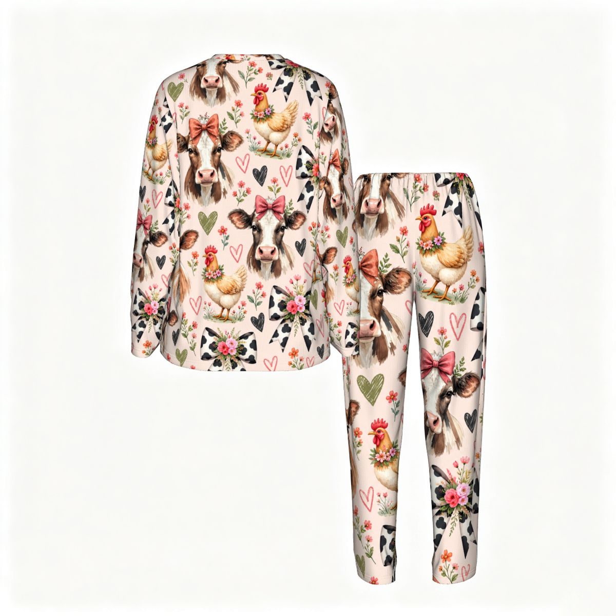 Women's Long Sleeve Pajama Set Whimsical Watercolor Farm Animal Pattern
